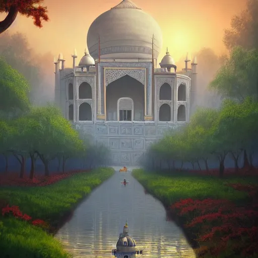 Prompt: a painting of a taj mahal in a mystical forest full of wonders, apple trees, magical atmosphere, trending on artstation, 30mm, by Tyler Edlin, by Noah Bradley