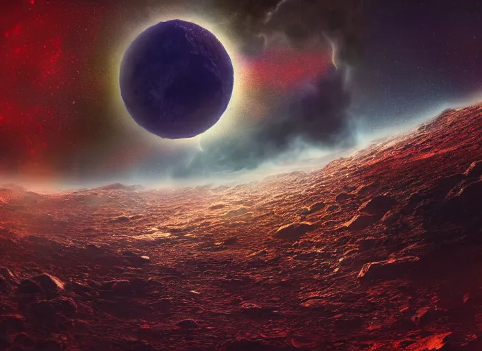 Image similar to digital art, trending on artstation, a planet exploding breaking into pieces, lunar landscape, moody