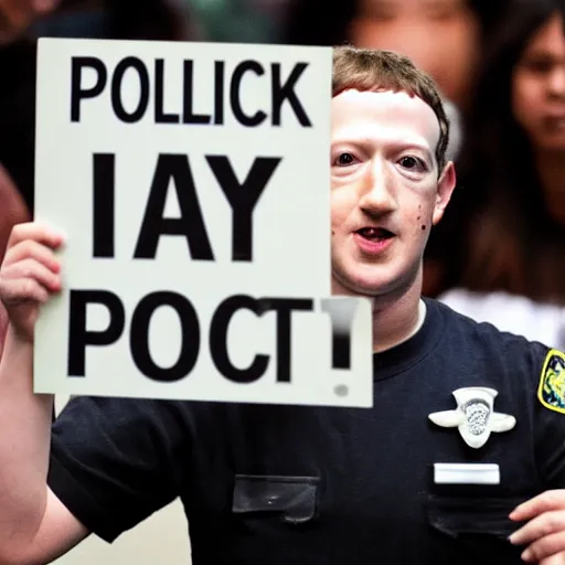 Image similar to Mark Zuckerberg police mug shot holding up a placard with a number on it