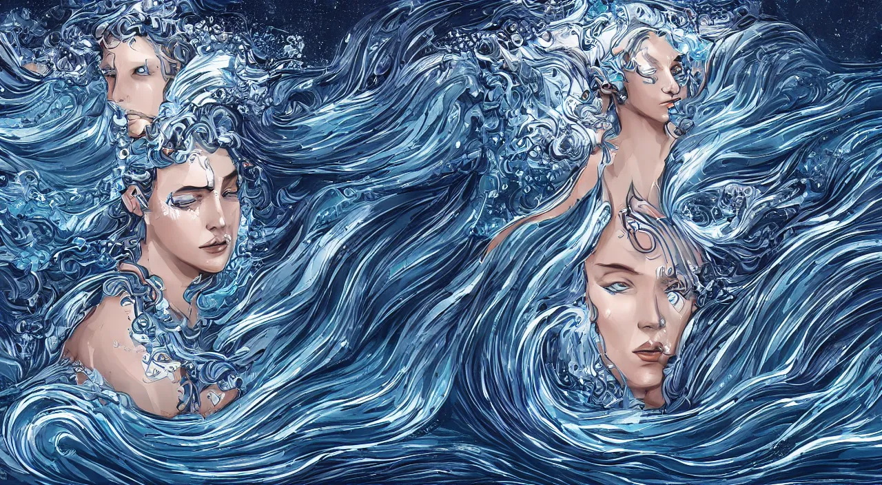 Prompt: goddess of the ocean, beautiful face and dress, background of swirling tidal waves and ancient triremes, naval battle, high contrast digital art, trending on artstation, symmetrical