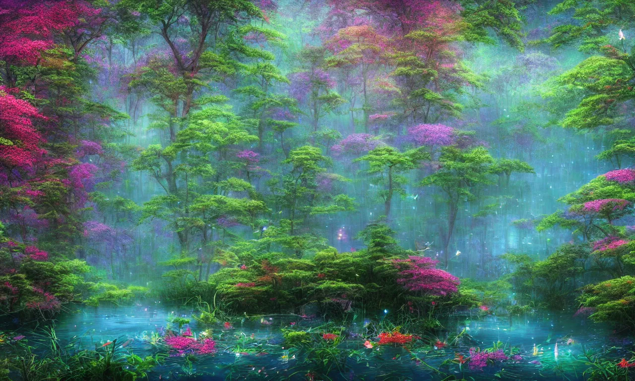 Prompt: photograph of a beautiful lake lake lake in a dense mystic forest, colored flowers, mystic hues, bioluminescence bioluminescence , breathtaking lights shining, psychedelic fern, tyndall effect, fireflies fireflies fireflies fireflies, dense forest, foggy, 4k, hyper detailed, Acid Pixie, by thomas kinkade and lee madgwick