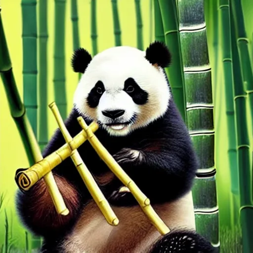 Image similar to a cute panda playing wooden flute in a bamboo forest