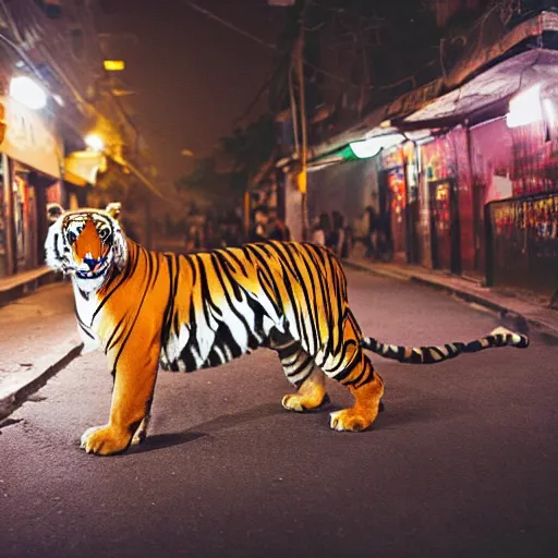 Image similar to photograph of a tiger smoking a joint in the streets of Dhaka at night