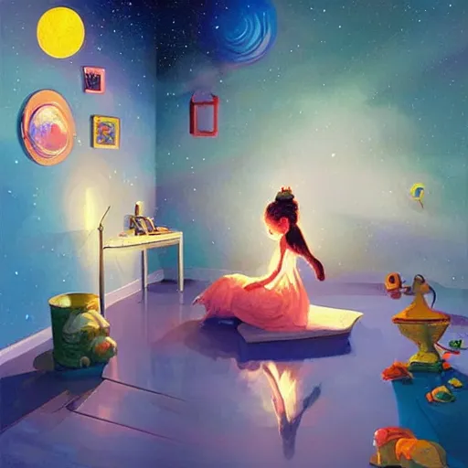 Prompt: a child goddess creating a universe in her room at night. Detailed. Elaborate. Intricate. Digital art. Masterpiece. By Krzysztof Maziarz. RHADS. Repin.