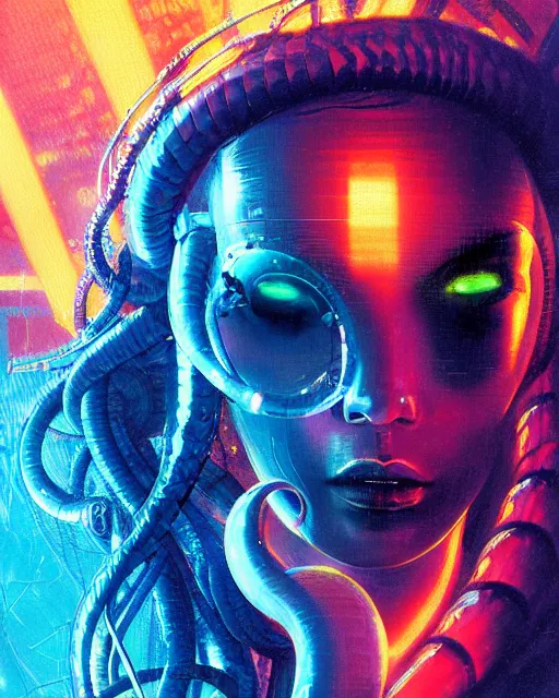 Image similar to a cyberpunk extreme close up portrait of cyborg medusa, electricity, snakes in hair, sparks, bokeh, soft focus, skin tones, warm, blue, sunny sky, by paul lehr, jesper ejsing