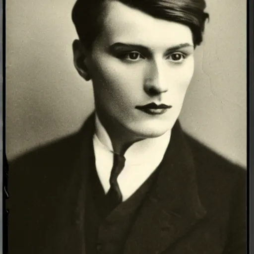 Image similar to headshot edwardian photograph of dorian gray, extremely handsome, 1 9 2 0 s, realistic face, 1 8 9 0 s, 1 9 0 0 s, very grainy, slightly blurry, victorian