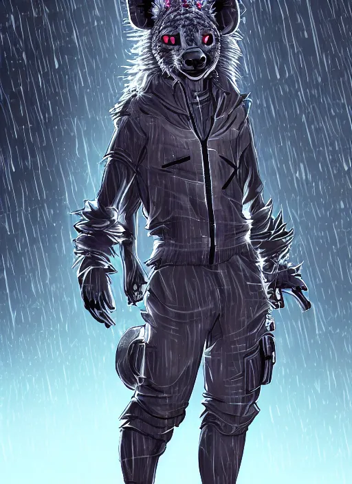 Prompt: character portrait of a male anthro hyena fursona with a tail and a cute beautiful attractive detailed furry face wearing stylish cyberpunk clothes in a cyberpunk city at night while it rains. color page, tankoban, 4K, tone mapping. By Rukis. comic book style