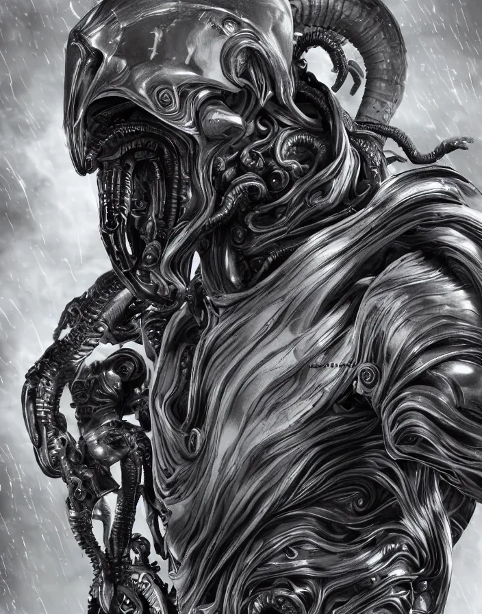 Image similar to engineer prometheus, xenomorph alien, highly detailed, symmetrical long head, smooth marble surfaces, detailed ink illustration, raiden metal gear, cinematic smooth stone, deep aesthetic, concept art, post process, 4k, carved marble texture and silk cloth, latex skin, highly ornate intricate details, prometheus, evil, moody lighting, hr geiger, hayao miyazaki, indsutrial Steampunk