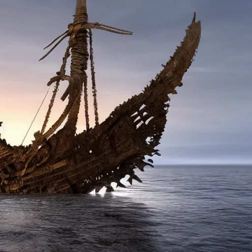 Prompt: A high detailed Viking longship wrecked and on the ocean floor