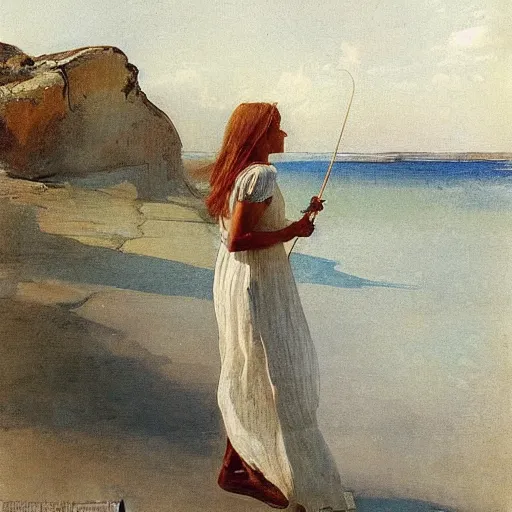 Image similar to a young woman wearing a white dress on a Swedish beach, a small rowboat is visible, in the style of anders zorn
