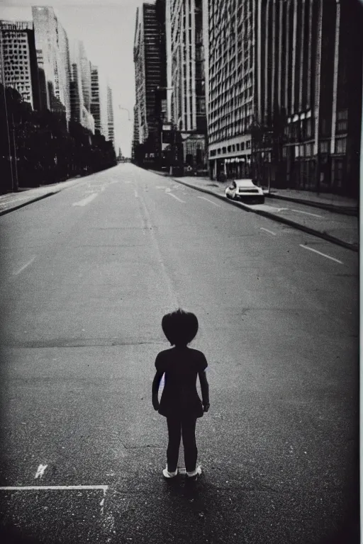 Image similar to photo polaroid of sad and lonely child in the middle of an empty street in a big city, photorealistic, 35mm film, black and white, polaroid,