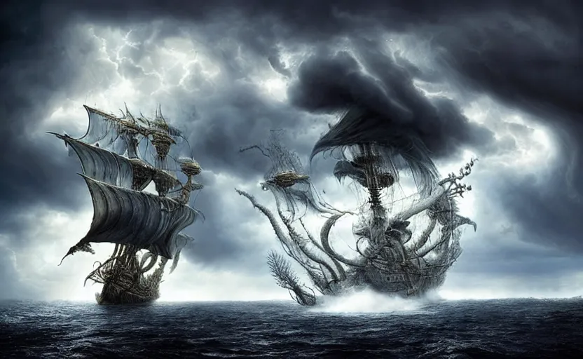 Image similar to the voyage of life, storm on the sea of galilee, huge clouds in the form of a dendritic cthulhu, an epic pirate ship, dappled silver lighting, atmospheric, highly detailed, by igor morski, jacek yerka, alexander jansson, james christensen, tomek setowski