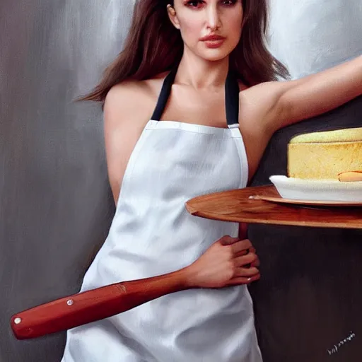 Prompt: sexy posing portrait of natalie portman dressed an apron dress, cooking a cake in the kitchen, sharp focus, illustration, highly detailed, digital painting, concept art, art by wlop and greg cinematic lighting