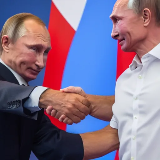 Image similar to telephoto candid cropped photo of billy herrington shakes hands with vladimir putin, press conference, zeiss 1 5 0 mm, sharp focus, natural lighting, ultra realistic, high definition 4 k photo, press photos, g 7 summit