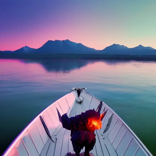 Image similar to balrog on a boat in beautiful mountain lake at night still water aesthetic purple clouds