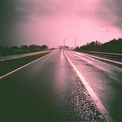 Image similar to “35mm film photography of highways, rain, night, cinestill 800t, grain”