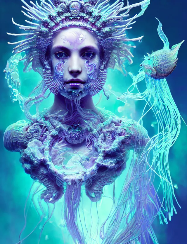 Image similar to goddess macro close - up portrait in crown made of ram skull. betta fish, jellyfish phoenix, bioluminiscent, plasma, ice, water, wind, creature, super intricate ornaments artwork by tooth wu and wlop and beeple and greg rutkowski