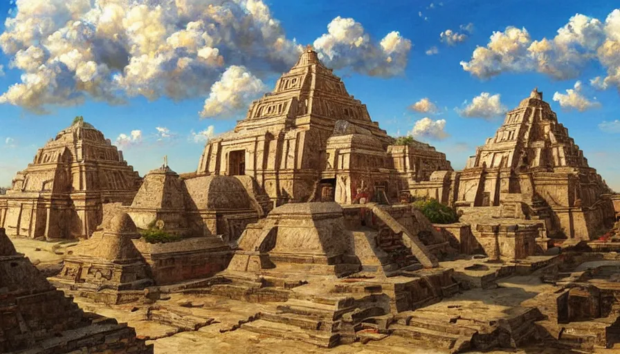 Prompt: excellent painted Aztec temples somewhere in Mexico with fluffy clouds, painted by Hans Fredrik Gude, Greg Rutkowksi, Craig Mullins and Artgerm, masterpiece, 4k, ultra realistic highly detailed oil painting