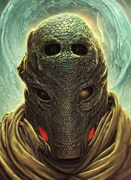 Image similar to lsd trip mf doom reptile eyes, metal bubble skin. intricate, elegant, highly detailed, centered, digital painting, artstation, concept art, smooth, sharp focus, illustration, artgerm, tomasz alen kopera, peter mohrbacher, donato giancola, joseph christian leyendecker, wlop, frank frazetta