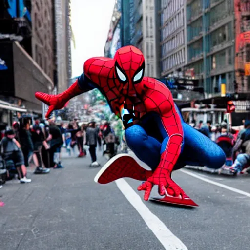 Image similar to spider - man performs a perfect kick flip on his skateboard in new york city whilst a crowd watches, beautiful photograph