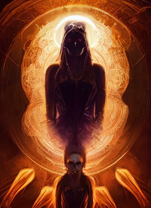 Image similar to portrait, queen of death, glowing halo, mandala, bokeh on background, dramatic lighting, cinematic, establishing shot, extremly high detail, foto realistic, cinematic lighting, post processed, concept art, artstation, matte painting, style by eddie mendoza, raphael lacoste, alex ross. 3d. octane render. by Tooth Wu and wlop and beeple and dan mumford