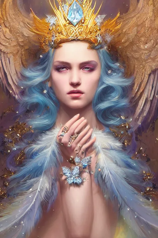 Image similar to beautiful princess with face covered with blue diamond crystals jewels wearing frost feathers, diamonds, angel, fantasy, yellow background beam, dramatic lighting, highly detailed, digital painting, magic the gathering, 3 d render, hyper realistic detailed portrait, peter mohrbacher, wlop, ruan jia