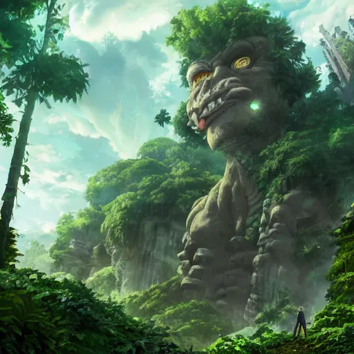 Image similar to a giant troll in city ruins overtaken by vegetation in anime style highly detailed by makoto Shinkai and Raphael Lacoste