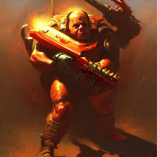 Image similar to Danny DeVito Doom Slayer, rip and tear until it is done, by gaston bussiere, craig mullins, Simon Bisley