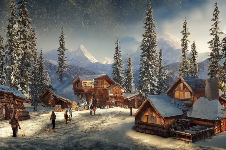 Image similar to futuristic cottage settlement with in the forest with Elbrus mountain covered by snow on the background, architecture, matte painting, high details