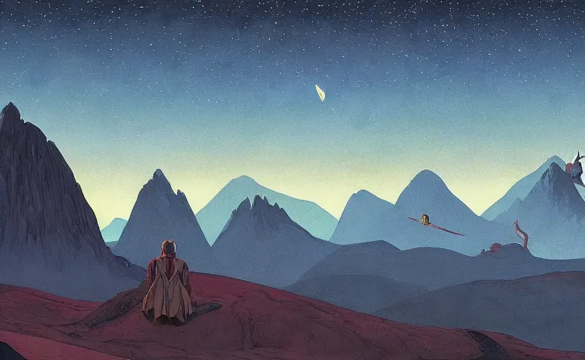 Prompt: mountains, stars and paisley filled sky, artstation, intricate, highly detailed, digital painting, concept art, sharp focus, illustration by Edward Hopper and Roger Dean and Piero della Francesca and Yves Tanguy and Michael Whelan and Jean Claude Mézières and Enki Bilal and Benjamin Lacombe and Megan Duncanson