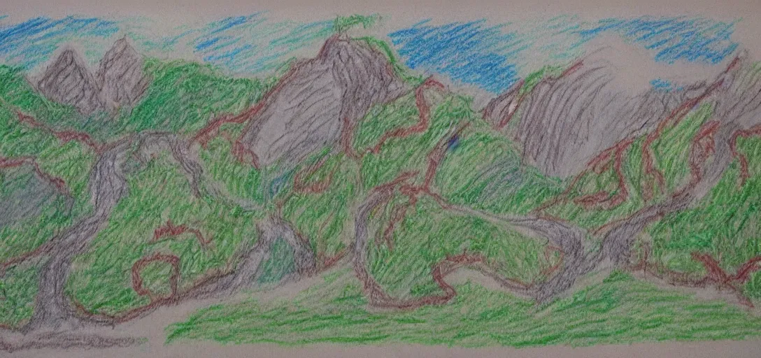 Image similar to Rivendell landscape poorly drawn in crayon by a five-year old