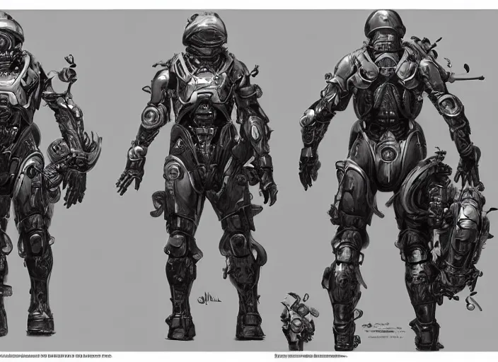 Image similar to front and back character view of Ludens from Kojima Productions by Donato Giancola, Trending on artstation and pixiv concept art and sheet