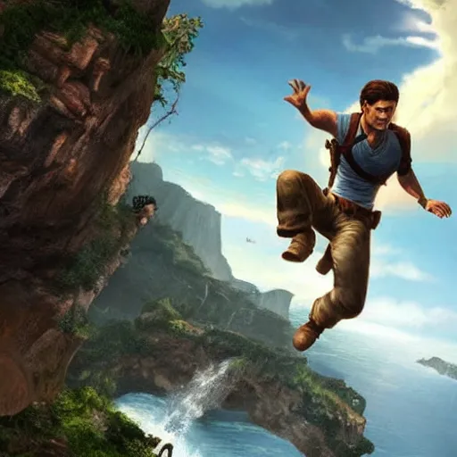 Image similar to young nathan drake jumping off a cliff, highly detailed