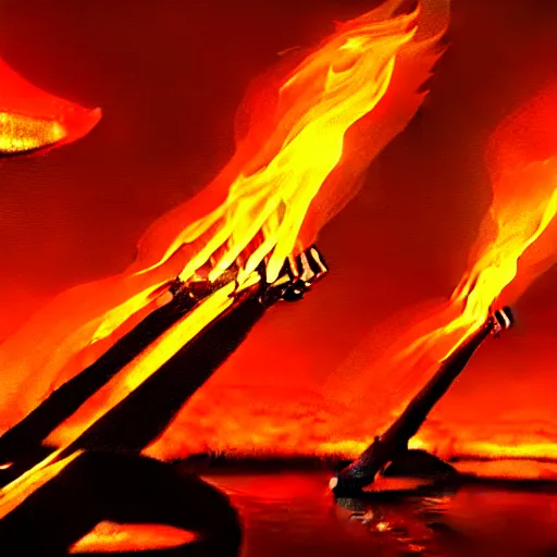 Image similar to in the lower part of the picture is the harp burning in the fire, above are cranes flying in flames, digital painting, concept art