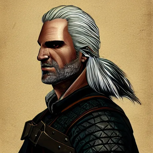Prompt: Geralt working in an office, digital art, oil painiting