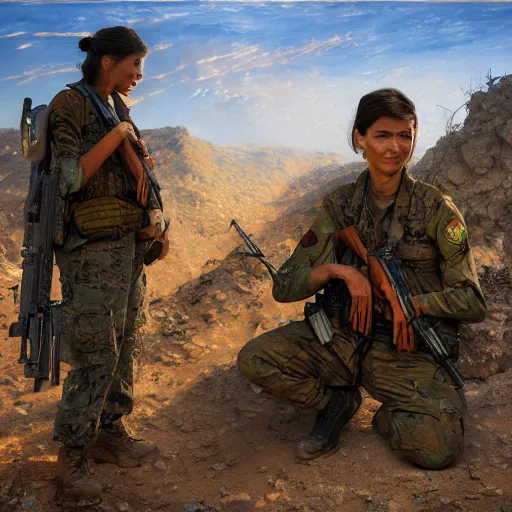 Image similar to beautiful YPJ soldier in the defense of Kobanî in the siege of Kobanî, detailed, centered, digital painting, artstation, concept art, donato giancola, Joseph Christian Leyendecker, Boris Vallejo, Breathtaking, 8k resolution, extremely detailed, beautiful, establishing shot, artistic, hyperrealistic, beautiful face, octane render