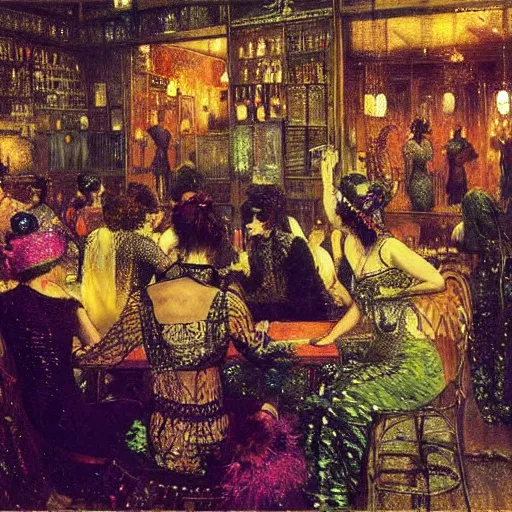 Prompt: noir impressionist painting of hippie flappers at a speakeasy rave, John Atkinson Grimshaw, 1880, oil on canvas