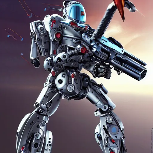 Image similar to ruger redhawk 3 5 7 8 shot revolver mobile combat suit firearm rococo robot, biomechanical, handgun mecha android, detailed illustration, concept art, smooth, sharp focus, by rem koolhas, bandai macross box art