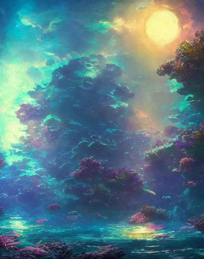 Prompt: thriving coral reef filled with tropical fish glowing at night in the sea under the moonlight with reflections, environment concept art, ethereal anime, high detail Impressionist style, dreamy light color palette, style of studio ghibli and moebius, concept art stunning atmosphere, trending on artstation, volumetric light