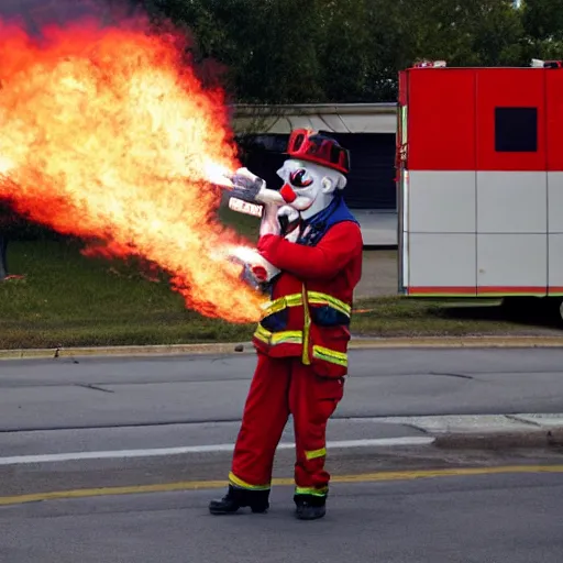 Image similar to a clown wearing firefighter clothes, using a flamethrower projecting a bright flame on a dumpster fire