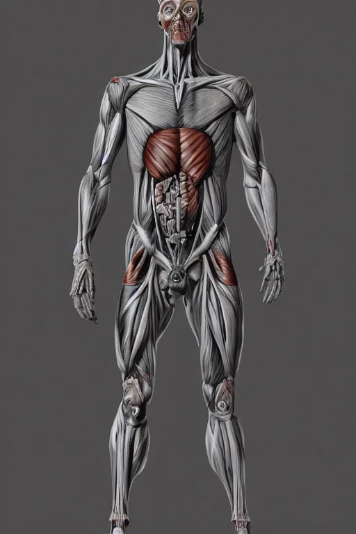 Image similar to full body mutant human anatomy concept, medical anatomy, cybernetic implants, gun metal grey, mecha limbs, muscular system reference, anatomical art, digital art, in the style of ruben alba, aaron sims, amanda lilleston, luka mivsek, bryan christie, ranjit ghosh, artstation, pinterest, deviantart, photoshop, octane render, unreal engine