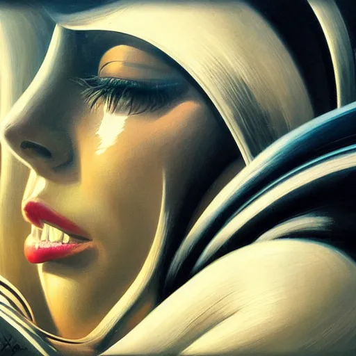 Prompt: detailed face of a woman, clockwork, moment, tectonic sky, skydome, bullet train, turbines, utopian, tech noir, wet reflections, prism, atmospheric, ambient, pj crook, syd mead, livia prima, nick alm, casey baugh