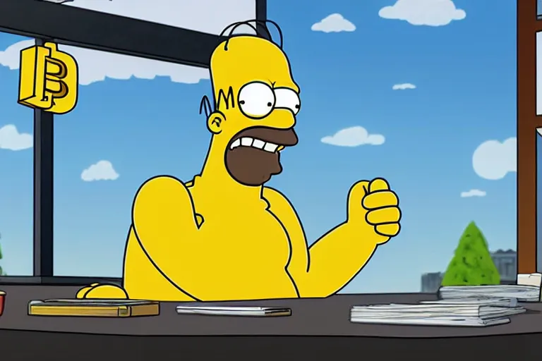 Image similar to Homer Simpson sits at the office table and monitors the fall of Bitcoin and is angry, CryEngine