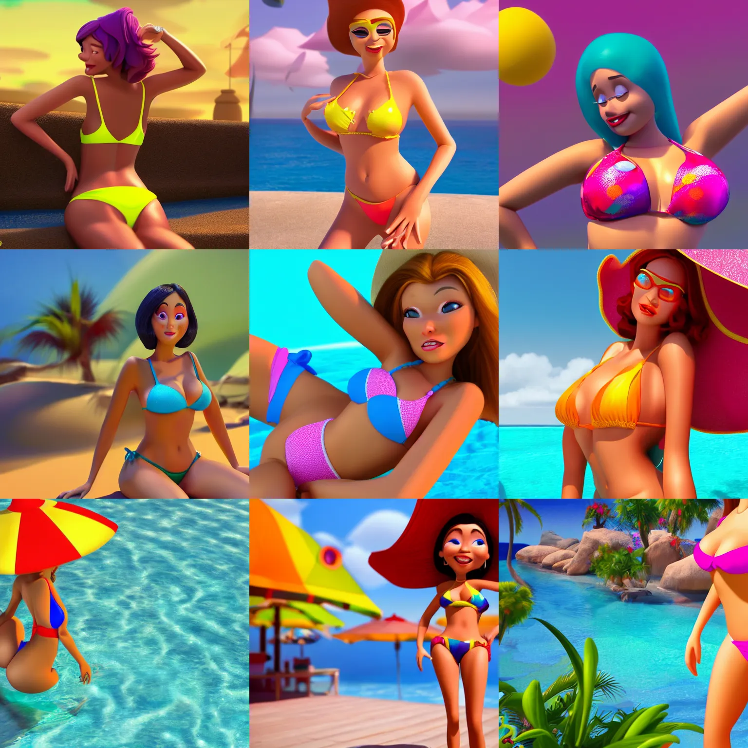 Prompt: a woman in bikini, colorful, high detail, 3 d, 4 k, walt disney animation studios, cgi, surface scattering