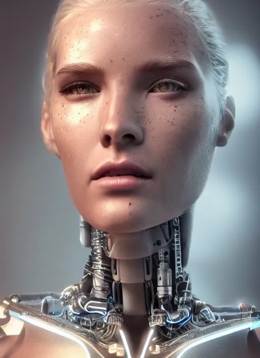 Prompt: photorealistic detailed full body picture of a female cyborg, pretty face, standing, glamour pose, neon lights, humanoid, extreme, uhdr, book called the most influental cyborg in 2 0 5 0, fine details, highly detailed, intricate, smooth sharp focus, symmetrical features, environmental portrait, realistic render