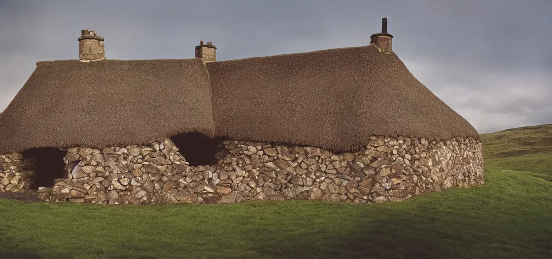 Image similar to scottish blackhouse designed by norman foster. fujinon premista 1 9 - 4 5 mm t 2. 9. portra 8 0 0.