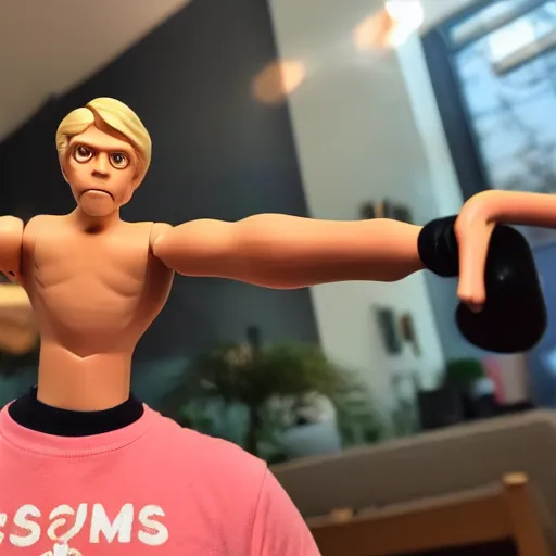 Prompt: Stretch Armstrong doll looking at the camera, fish eye lens, 8k, awkward