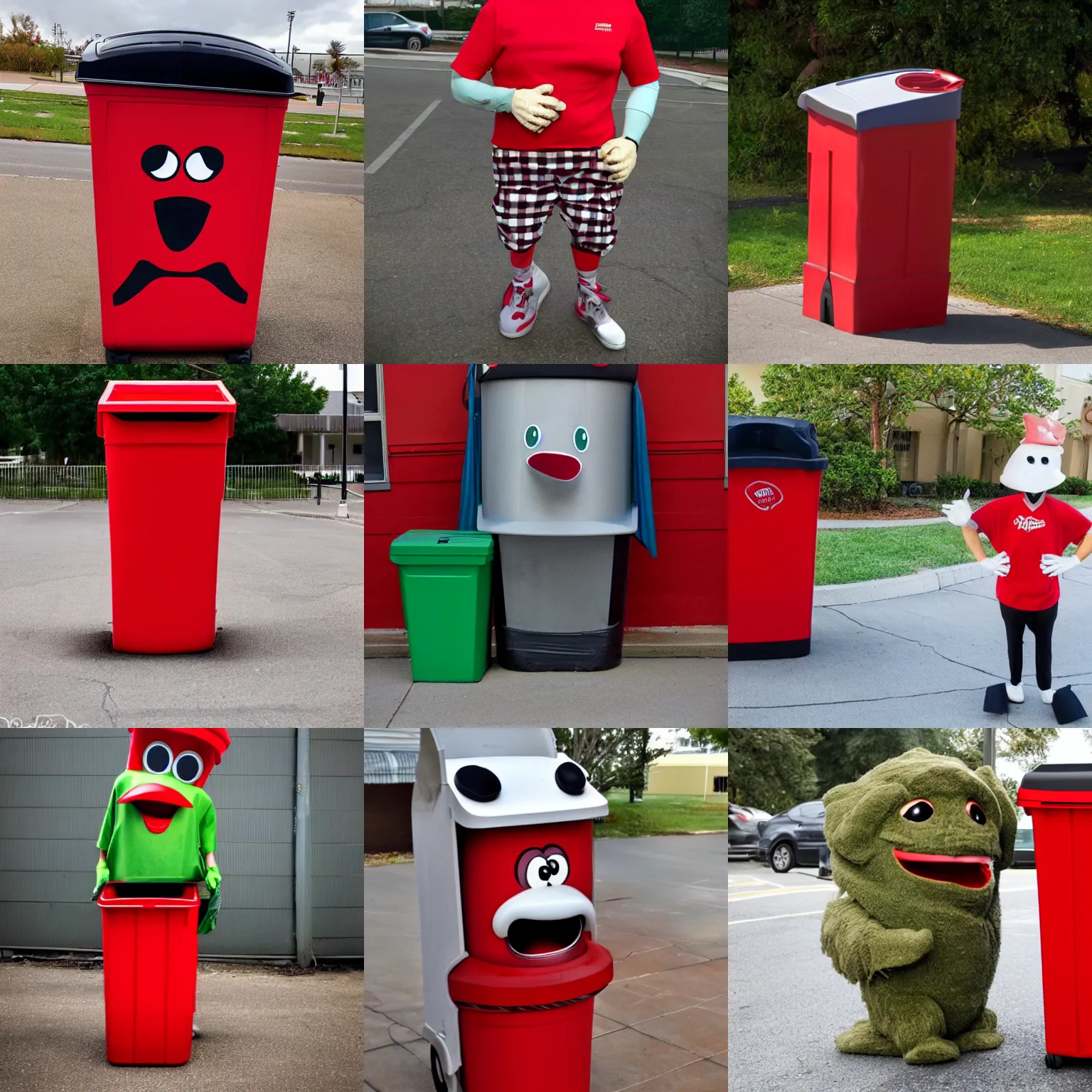 Prompt: an anthropomorphic trashcan that is wearing a red shirt