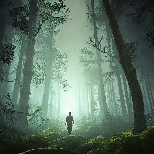 Prompt: scary forest with two people with there backs facing the camera in it at night with a blue moon, surreal, sharp focus, digital art, epic composition, concept art, dynamic lighting, intricate, highly detailed, 8 k, unreal engine, blender render