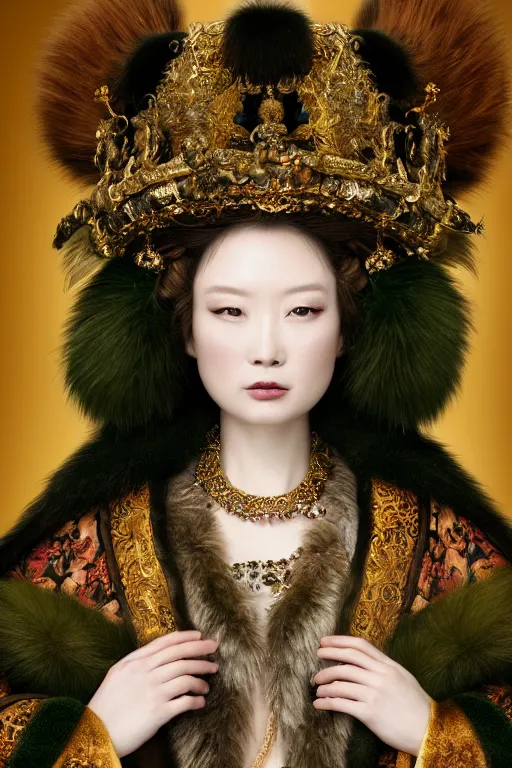 Image similar to a beautiful empress portrait, with a brilliant, impossible striking huge fur headpiece, fur clothes robes, everything fur, symmetrical, dramatic studio lighting, rococo, baroque, greens, asian, hyperrealism, closeup, D&D, fantasy, intricate, elegant, highly detailed, digital painting, artstation, octane render, 8k, concept art, matte, sharp focus, illustration, art by Artgerm and Greg Rutkowski and Alphonse Mucha